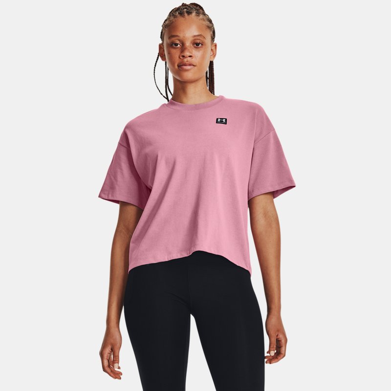 Women's Under Armour Logo LC Oversized Heavyweight Short Sleeve Pink Elixir / Black L